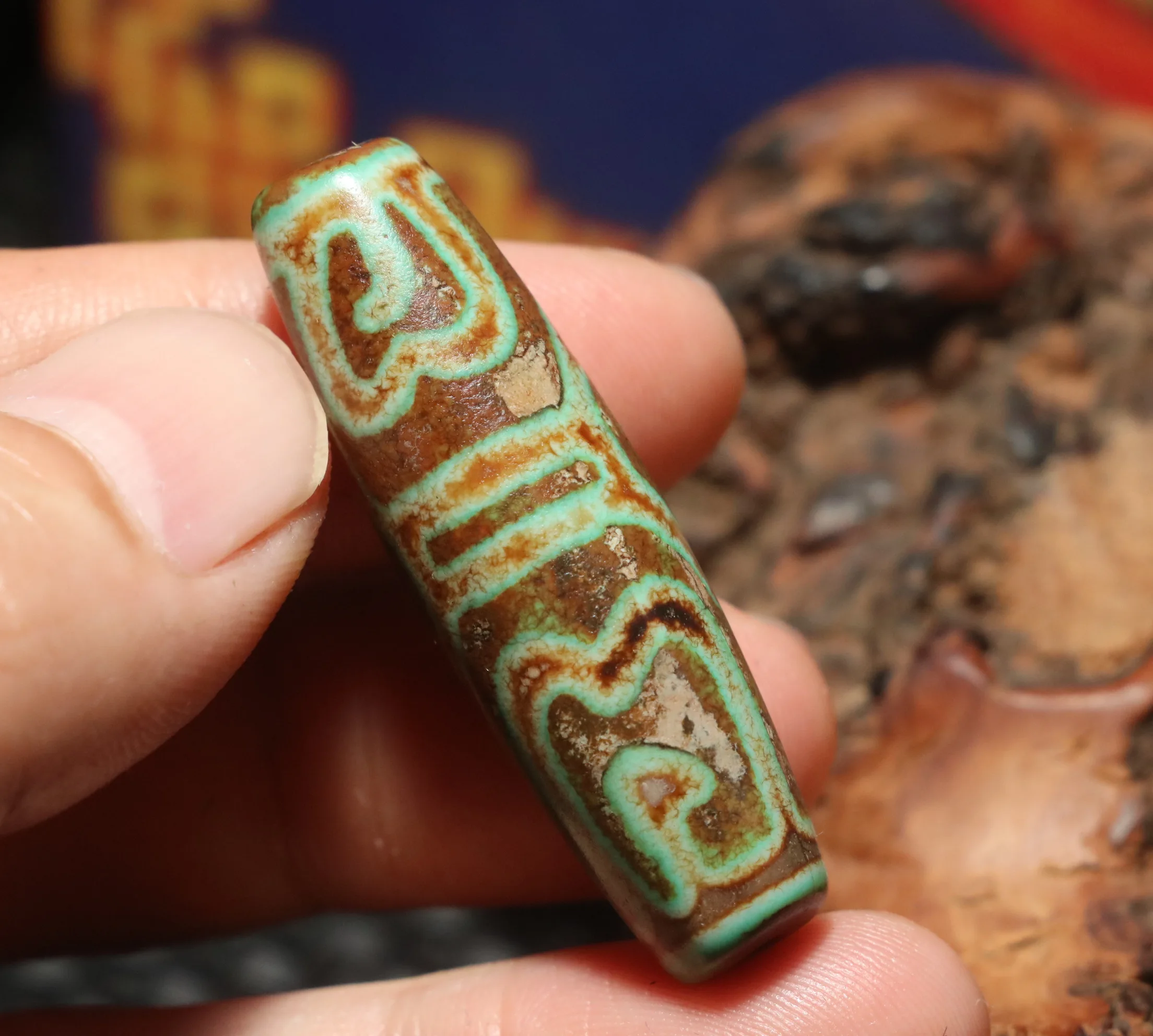 

AL Ultra Energy Tibetan Old Agate Green Color Tiger Tooth Lotus Base dZi Bead Pendant Amulet Big Treasure Timestown UPD21Asw