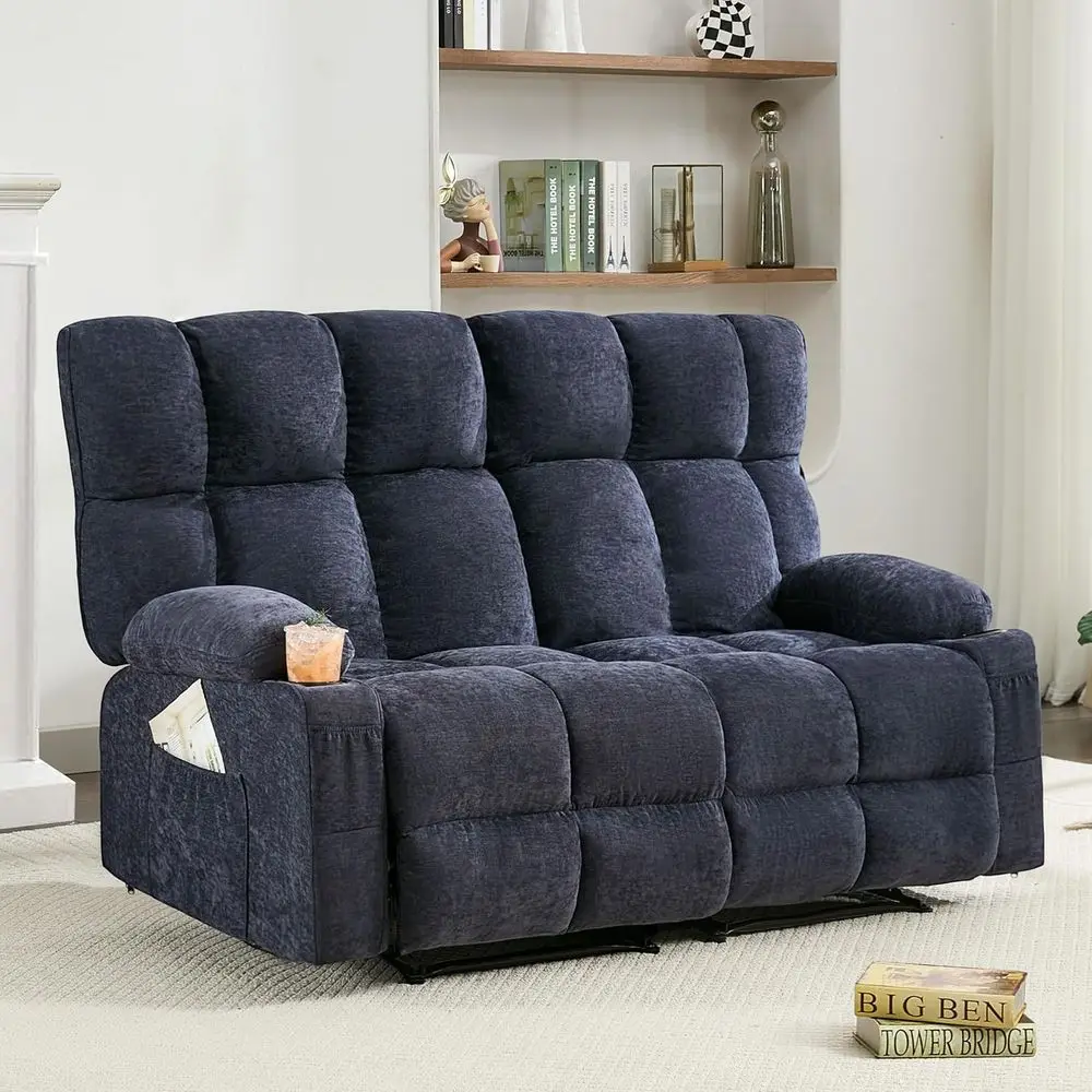

Oversized Blue Fabric 2-Seater Reclining Loveseat with Cup Holders and Side Pockets for Living Room, RV, or Home Theater