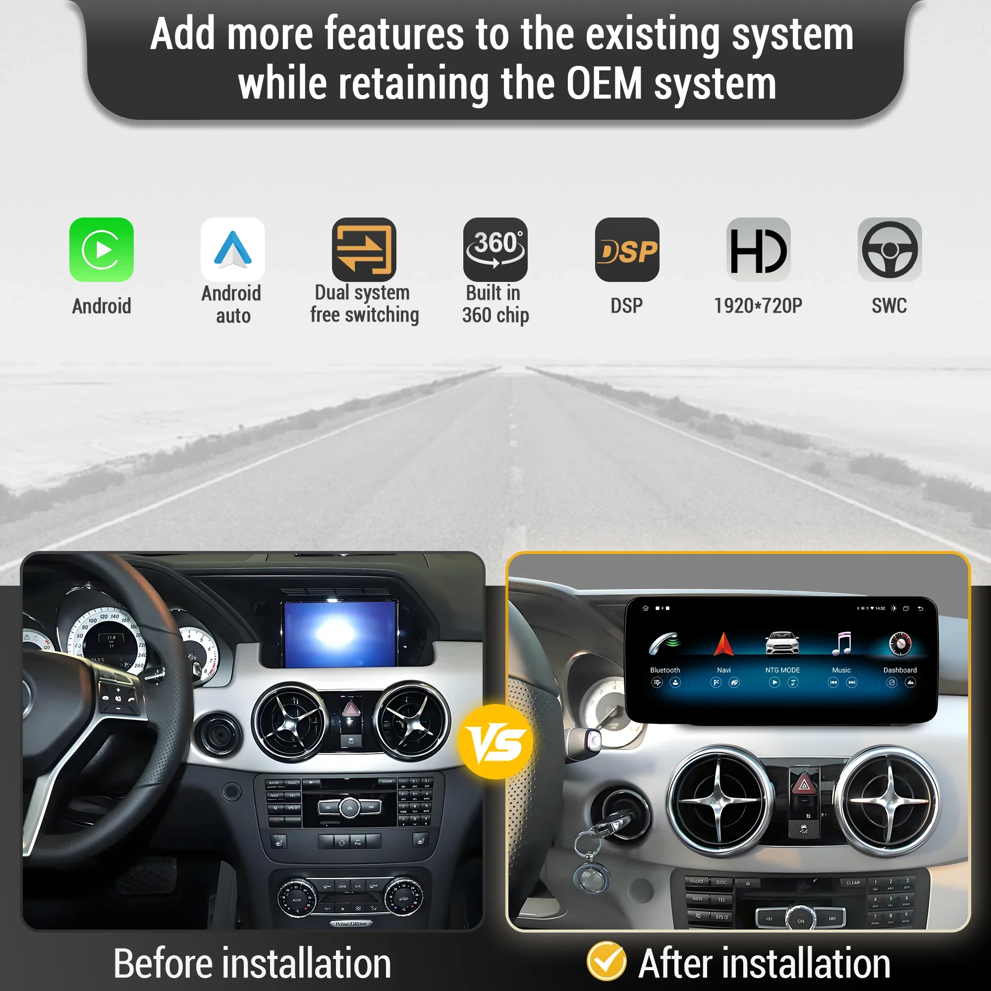 For Mercedes Benz GLK X204 2013-2015 Car Radio NTG 4.5 System Android 14 Wireless Bluetooth Carplay Snapdragon 680 Touch Screen