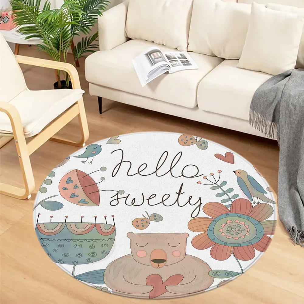 Cute Cartoon Round Floor Mat Animal Bunny Bear Flower Plant Kids Carpet Rug Living Room Bedroom Playroom Decorative Carpet Mats