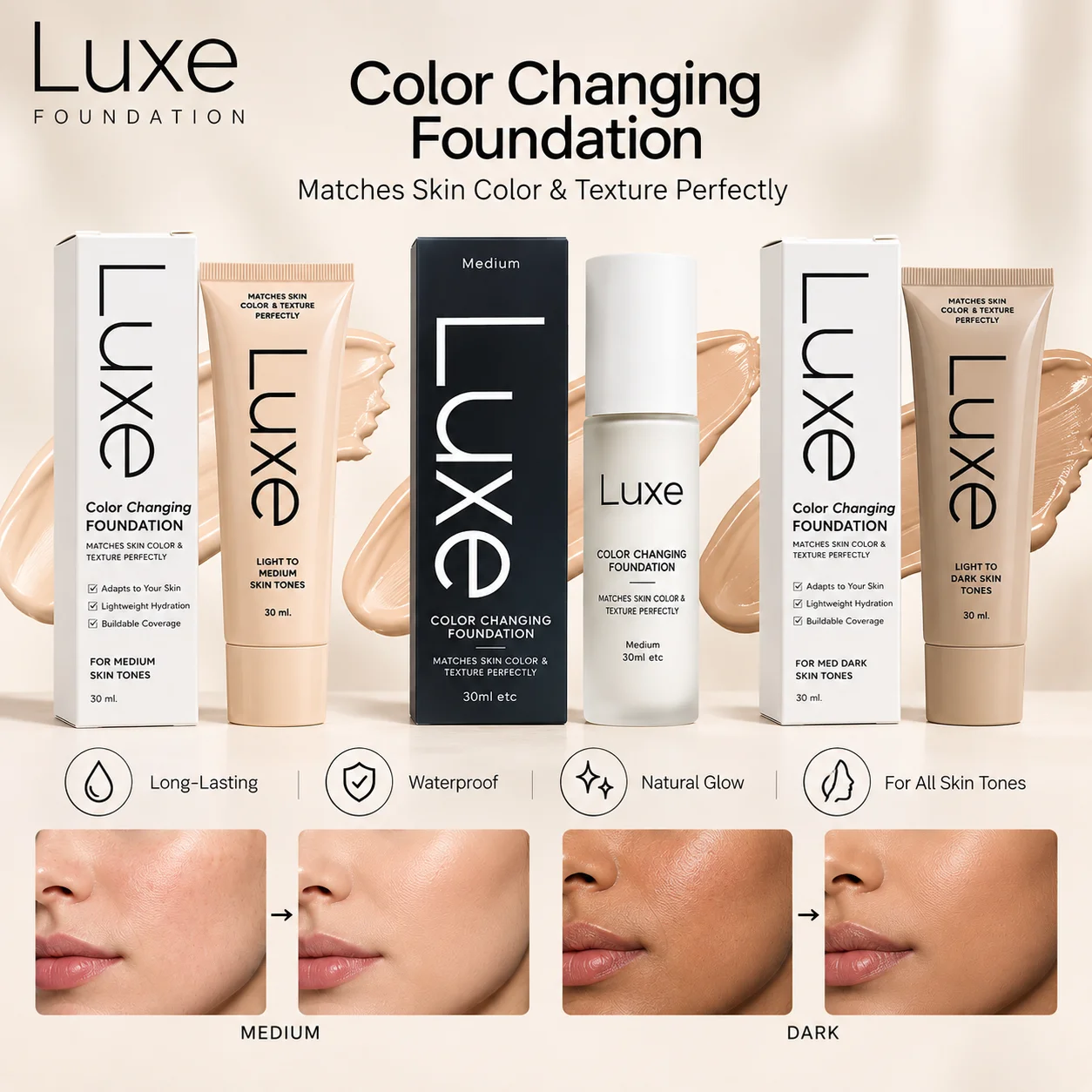 Luxe Magic Color Changing Foundation | All Skin Types | Adapt to Skin Tone | Lightweight Moisturizing | Long-Lasting Makeup Base