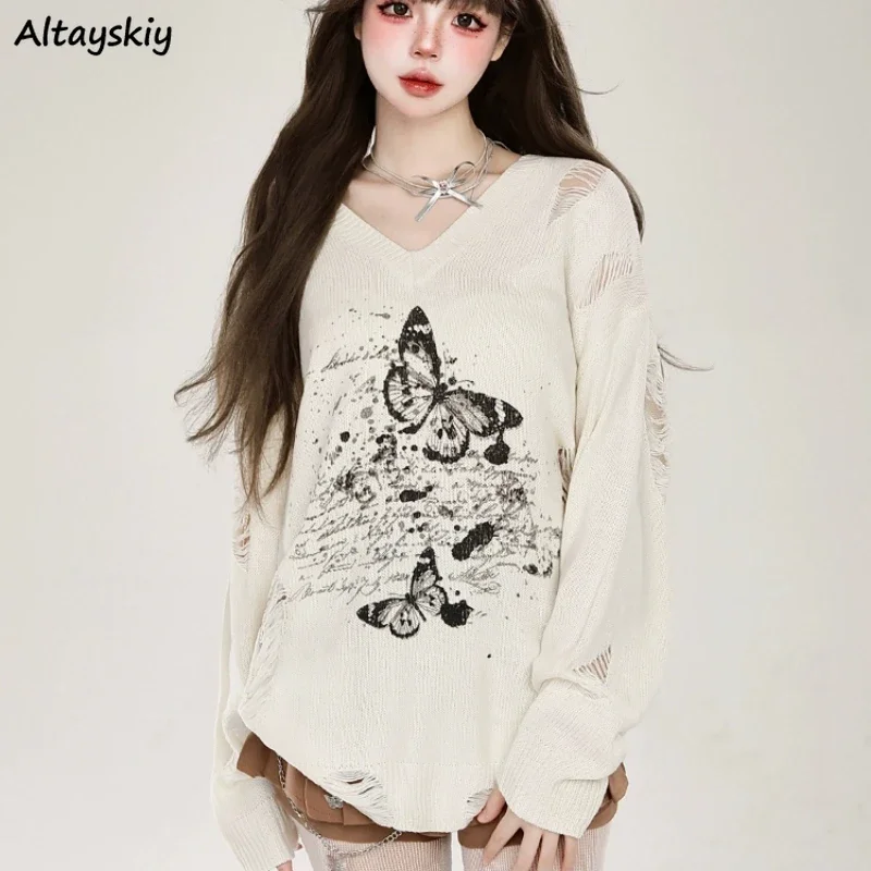 

V-neck Knitted Pullovers Women Butterfly Y2K All-match Design Fashion Holes Ripped Slouchy Jumpers Ulzzang Aesthetic Temper Chic