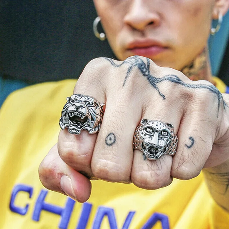 Retro Tiger Head Large Ring For Men Silver Color Punk Gothic Rock Hiphop Ring Biker Accessories Handmade Designer Jewelry Gift