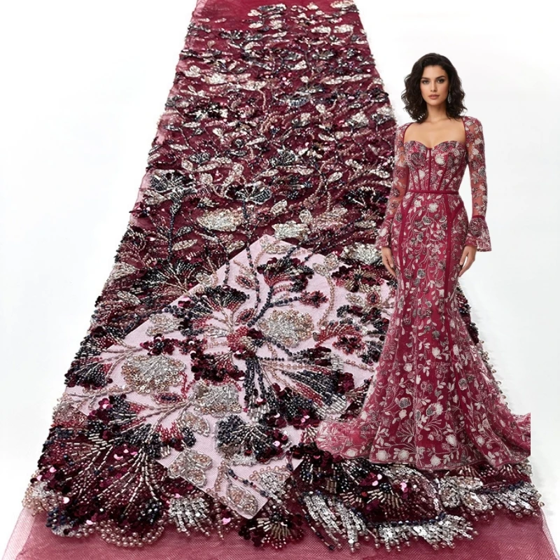 Luxury African Heavy Beaded Lace Fabric 2026 High-Quality Nigerian Tulle Sequined Lace Fabric Bridal Gown Haute Couture Fabric