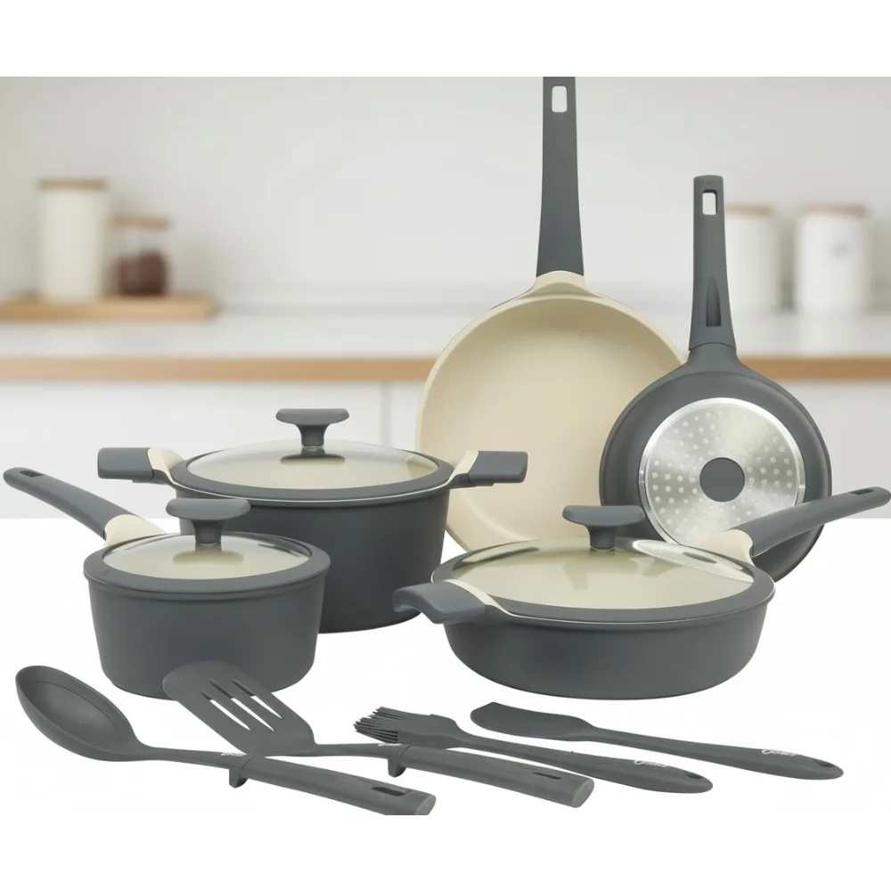 

Набор керамической посуды с антипригарным покрытием, 12 предметов, индукционные кастрюли и сковороды из литого алюминия, предметы первой необходимости для кухни без PFOA