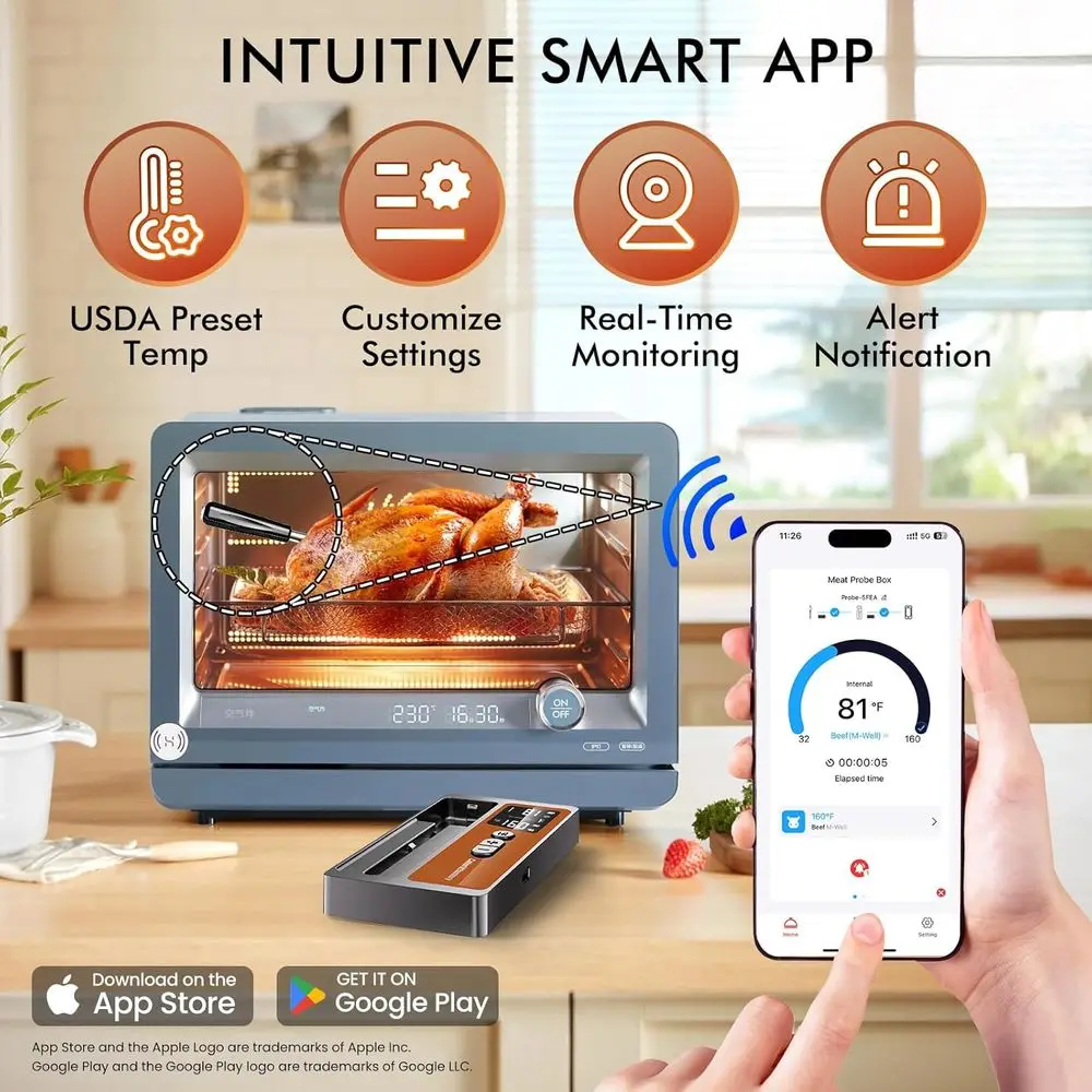 500FT Bluetooth Smart Meat Thermometer for Cooking and Grilling, Digital Food Thermometer with Ultra-Thin Probe for Oven Safe, K