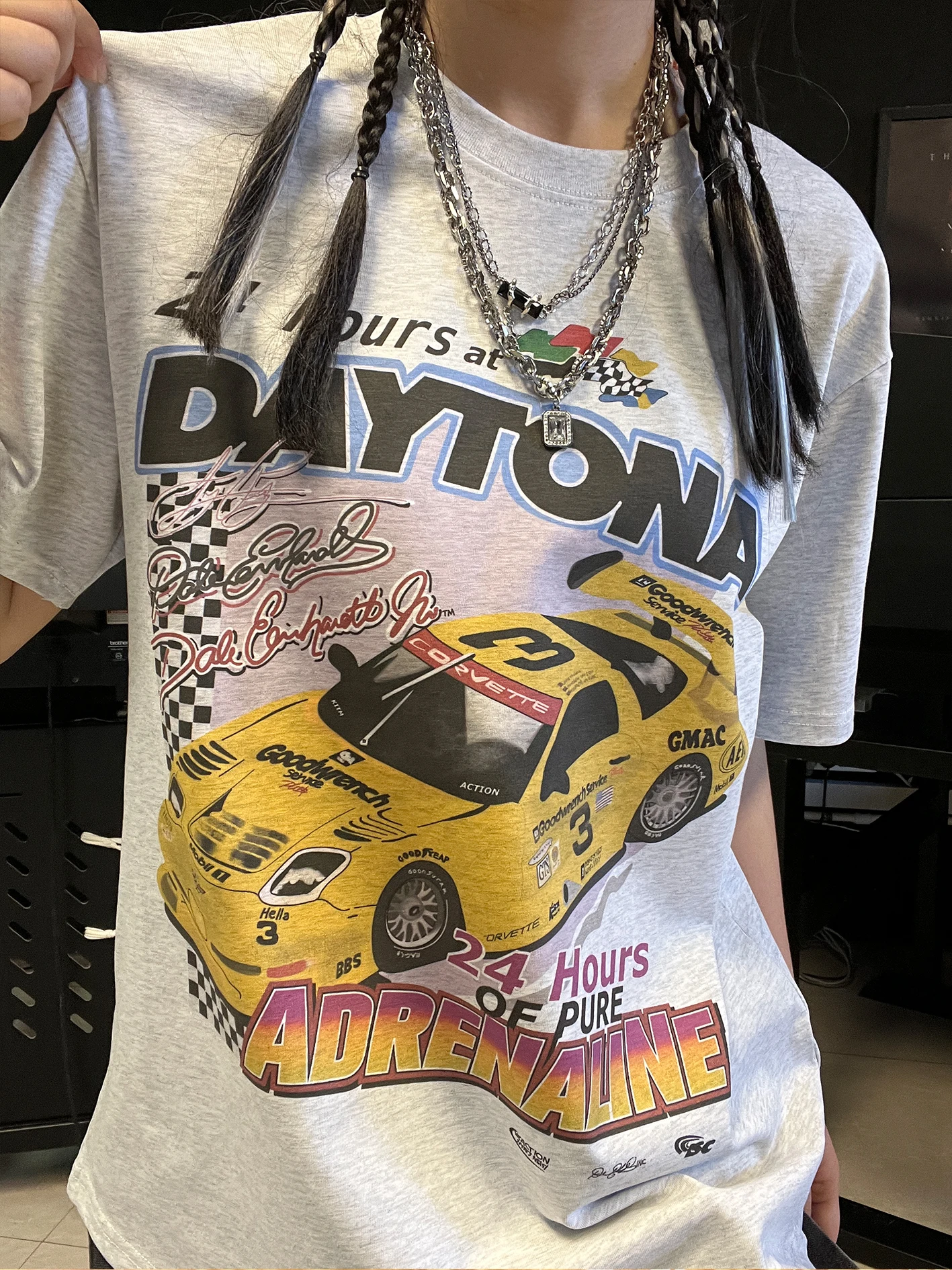 Heavyweight 260G Yellow Racing Car Casual Style Sport Short Sleeve T-Shirt Summer Street Retro Wang Studio Clothing Accessory