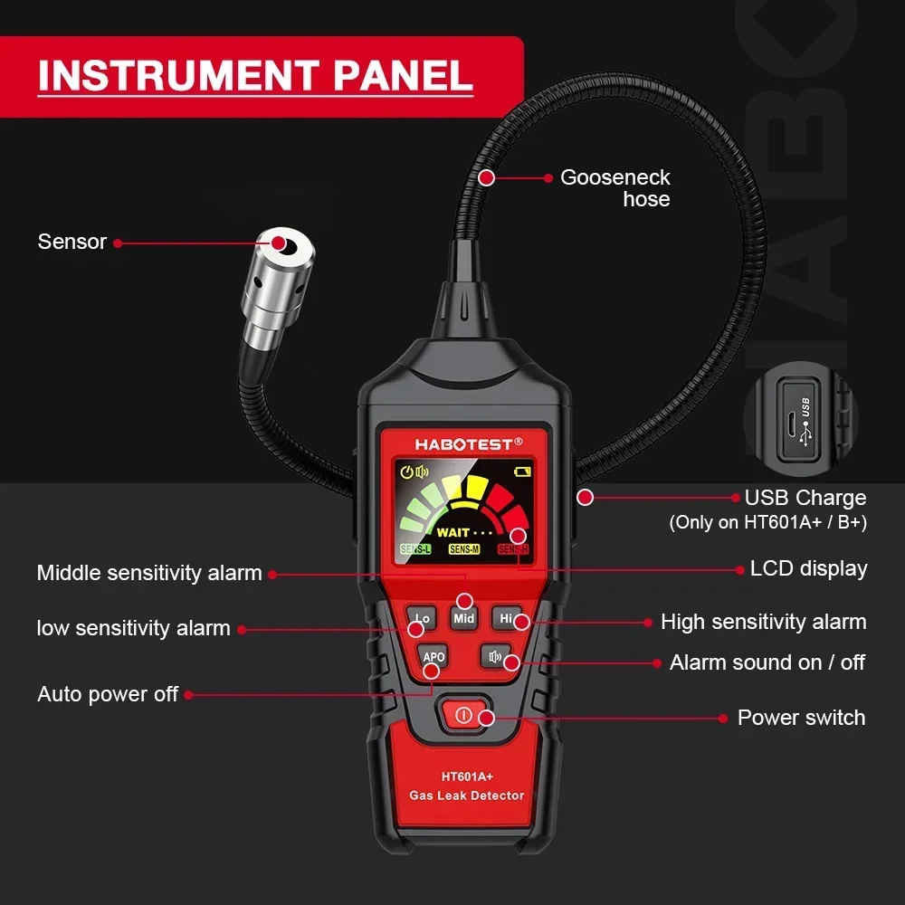 HABOTEST Gas Leak Detector Locating The Source of Methane Propane Sound & Screen Alarm HT601 Natural Gas Detector Combustible