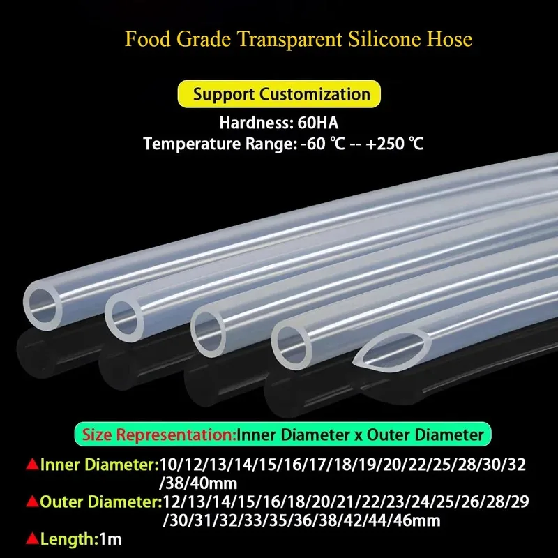 1Meter Silicone Rubber Hose Transparent Food Grade ID10-40mm OD12-46mm Flexible Tube for Brewing Laboratory