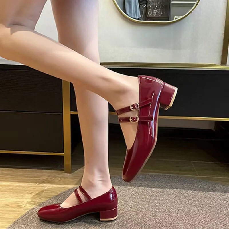 

2026 New Women's Burgundy Patent Leather Mary Jane Pumps - Vintage-Inspired Double Gold Buckle Low Block Heel Dress Shoes
