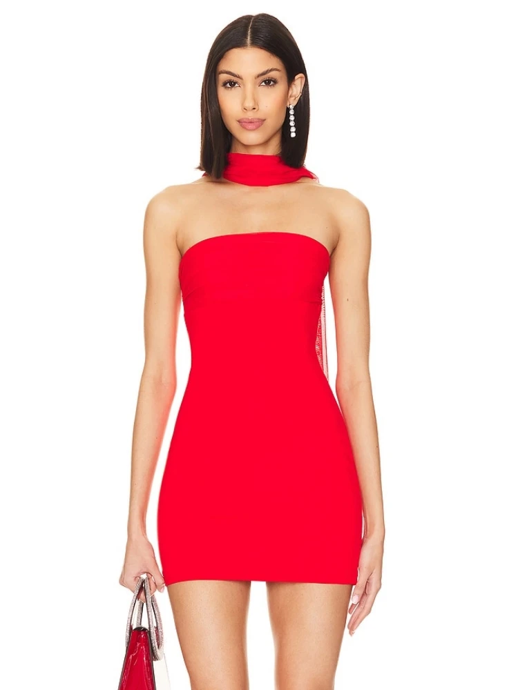 Sexy Strapless Folds Mini Dress With Mesh Scraf Women Red Black Sleeveless Backless Bodycon Dresses Evening Party Cocktail Club