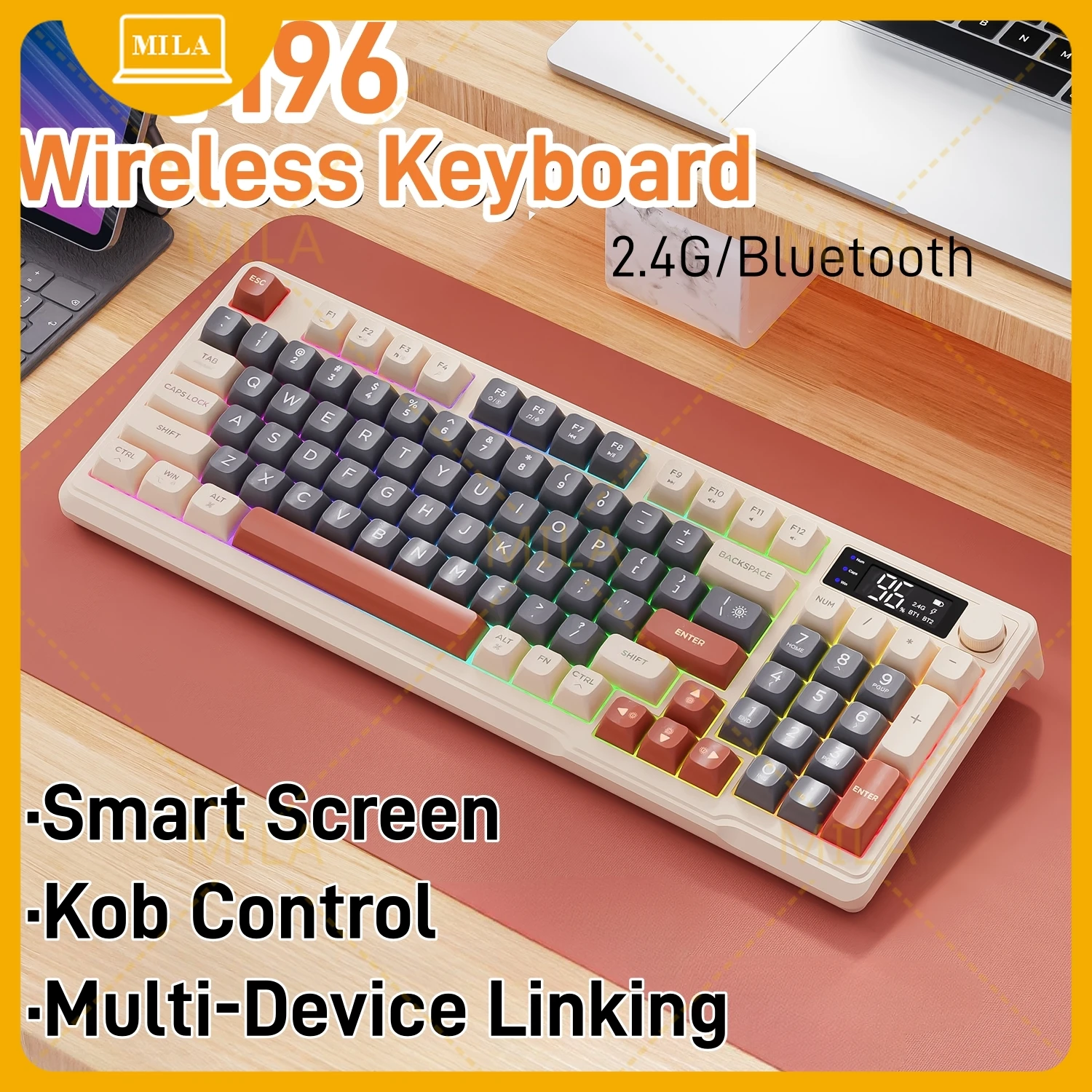 For FreeWolf M96 Wireless Keyboard with Screen,Gaming Keyboard Bluetooth Dual-Mode Connection,Multi-Device Linking,Ergonomic