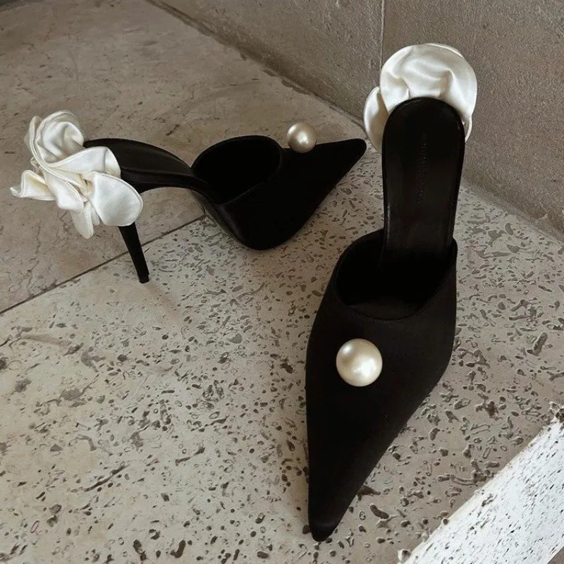 Black Satin High Heels Slippers New Spring and Summer Pearl High Heels Stiletto Heels Women's Stiletto Party White Rose Sandals