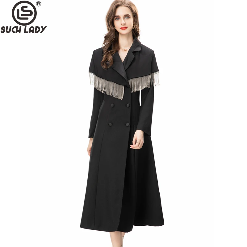 

Women's Runway Trench Coats Notched Collar Long Sleeves Tassels Detailing Double Breasted Fashion Outerwear