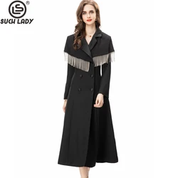 Women's Runway Trench Coats Notched Collar Long Sleeves Tassels Detailing Double Breasted Fashion Outerwear