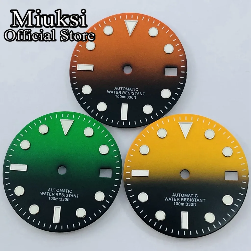 Miuksi 29mm black green yellow orange watch dial fit NH35 movement fit 3 o\'clock crown 3.8 o\'clock crown