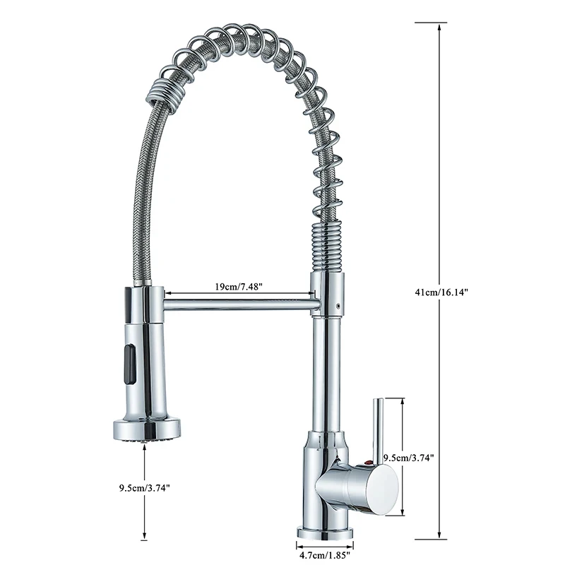 Tête de pulvérisation d'eau chaude et froide en acier inoxydable, chrome, nervure à ressort vers le bas, robinet rotatif pour cuisine, centre commercial, grue de robinet