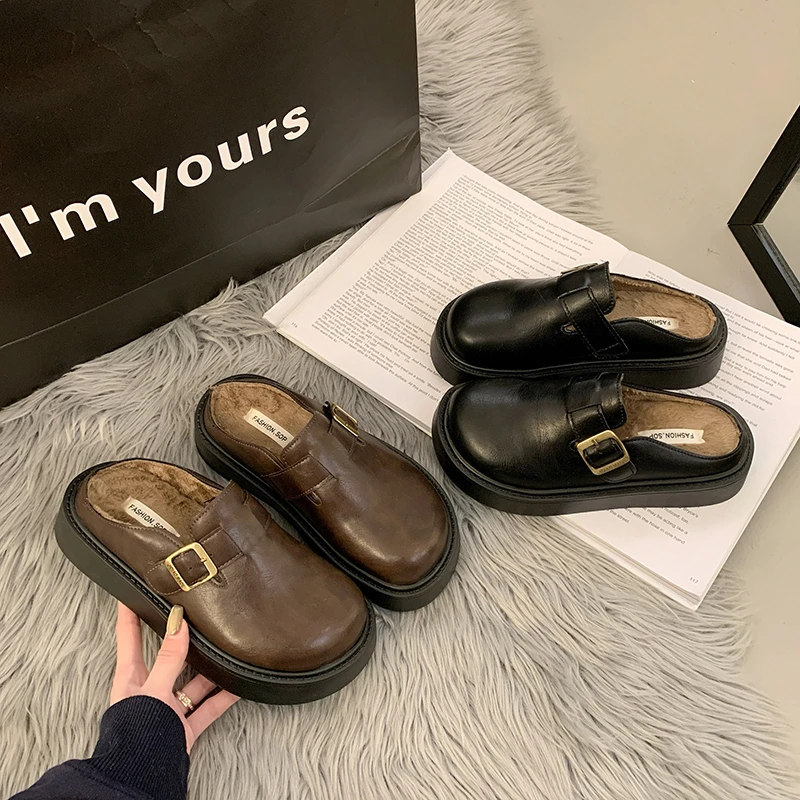 

Women's Leather Platform Mules with Buckle Warm Lined Slip-On Clogs Half Slippers Casual Shoes Slip-On Half Loafer Loafers