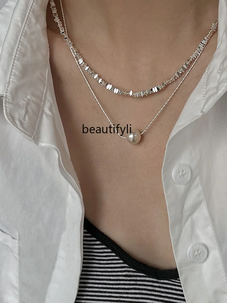 New double-layer broken silver pearl pendant necklace light luxury design simple high-end neck chain