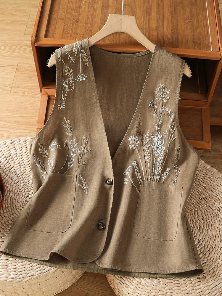 Retro Embroidered Cotton Linen Vest Women Summer Casual Layering Sleeveless Thin Outerwear V-neck Loose Fit Daily Wear