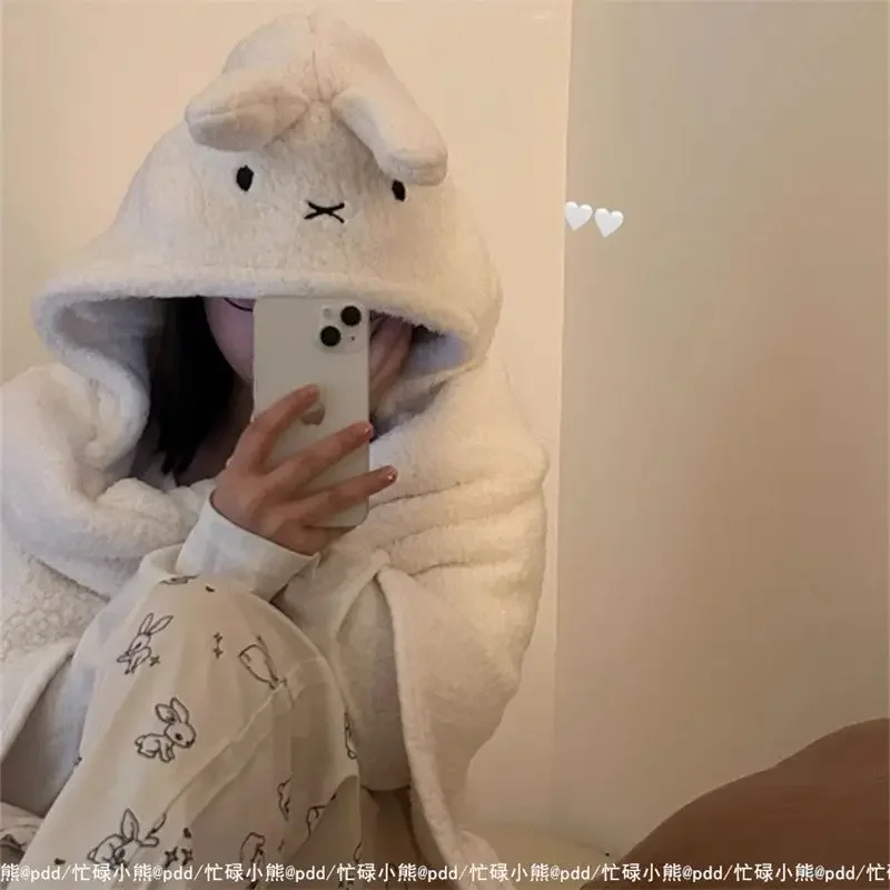 Kawaii Miffy Boris Cloak Cute Thick Warm Blanket Shawl with Hat Nap Blanket Toy Gift