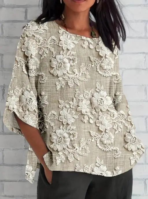 

2025 Autumn New Women's Fashion Elegant Flower Pattern Printed V-neck Three quarter Sleeve Top Women's Wear