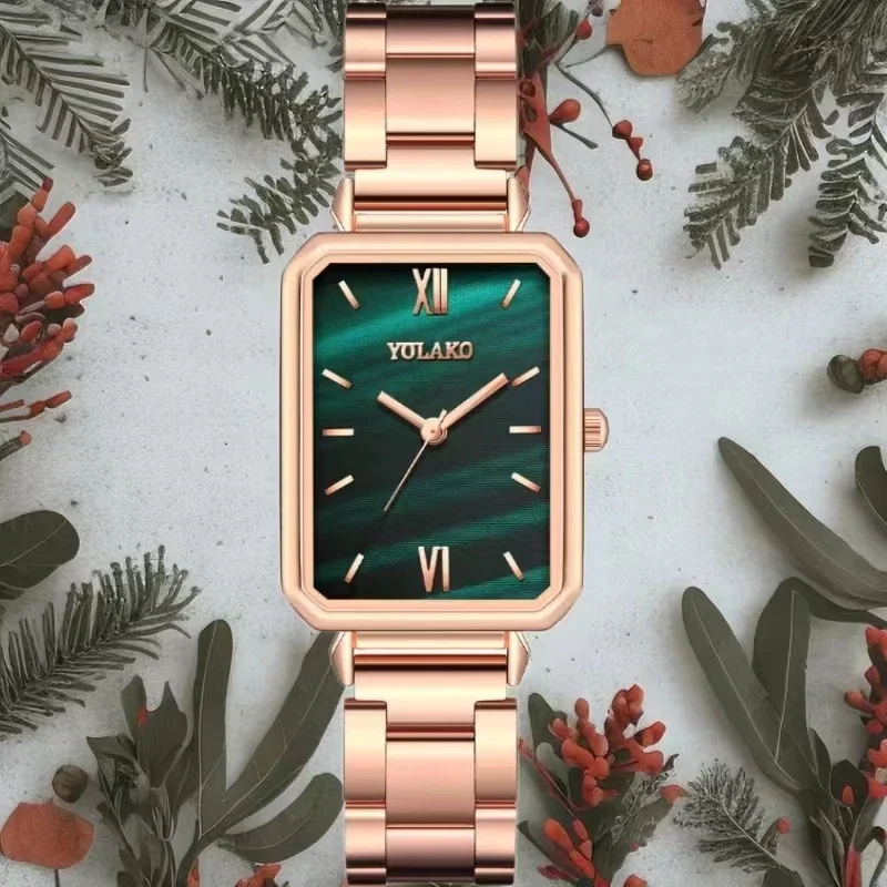 Hot Sale Luxury Ladies Wrist Watch Classic Square Green Watch Quartz Fashion Analog Mesh Stainless Steel Women Clock