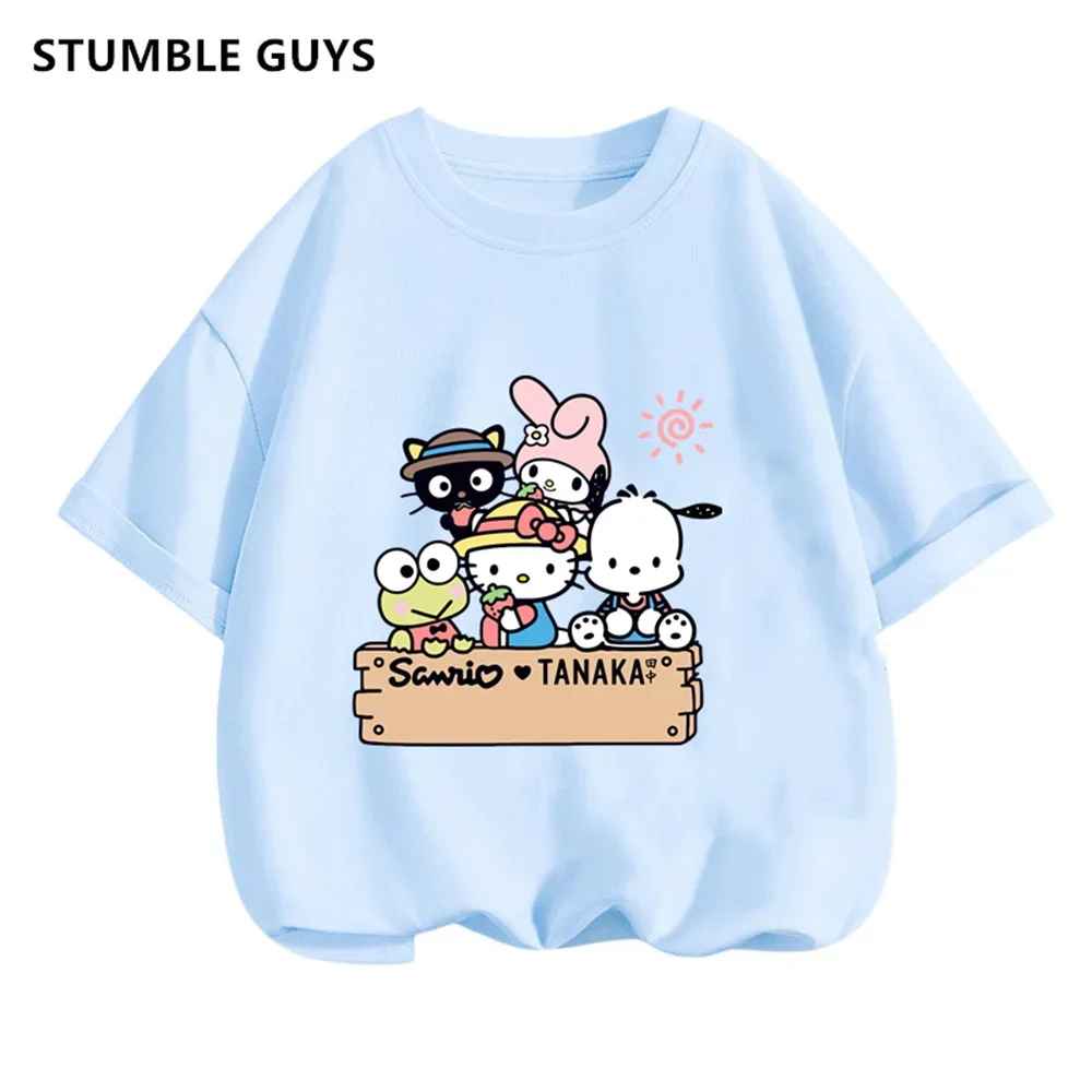 Cute Hello Kitty T-Shirt Set Kids Clothes Girls Summer Y2K Loose Short Sleeve Top Female Dark Print Sweet Harajuku Clothes