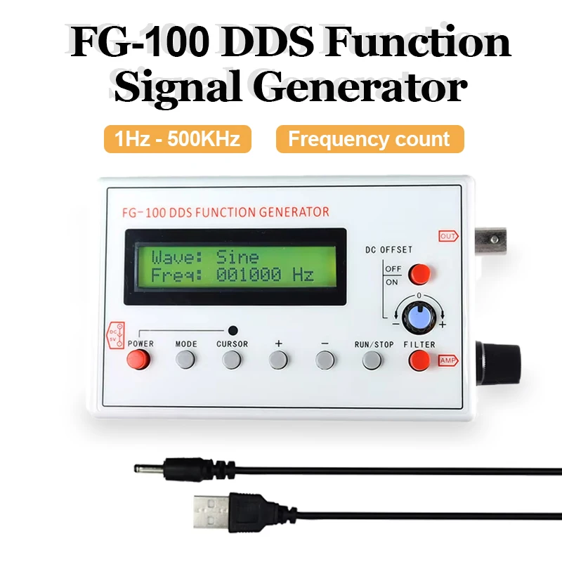 FG-100 DDS Function Signal Generator 1Hz - 500KHz Signal Source Module Frequency Counter Sine+Square+Triangle+Sawtooth Waveform