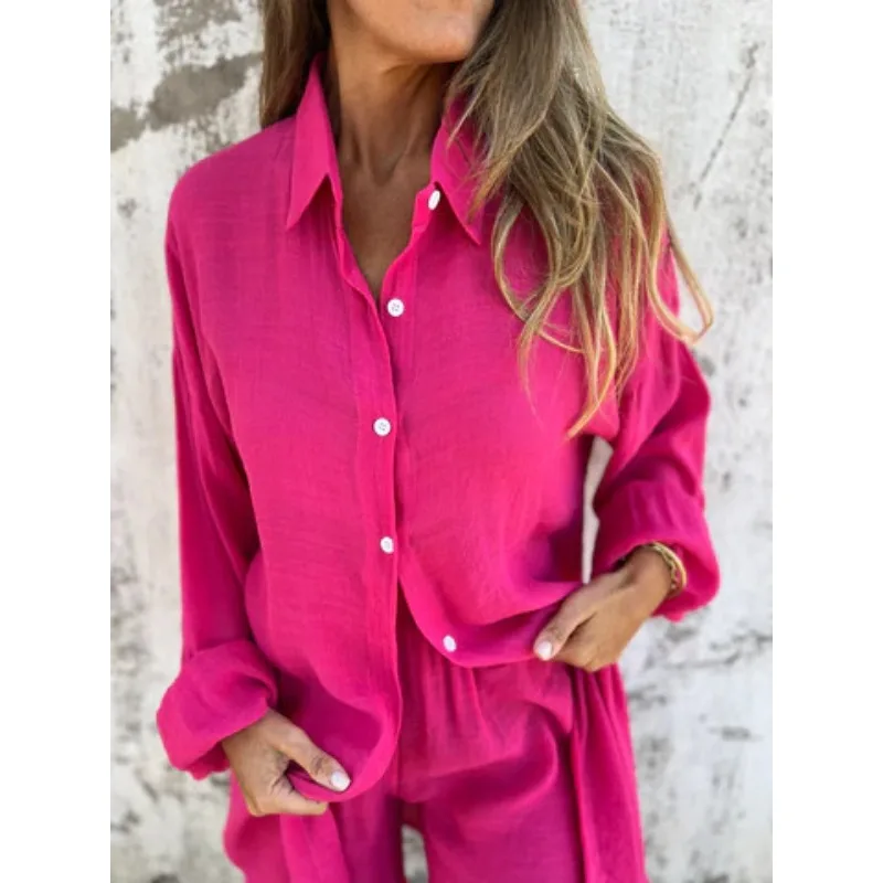 

Women's Clothing Womens Two Peice Sets New Casual Solid Festival Outfit Cotton Shorts Long Sleeves Shirt Wrinkled Fabric Shirts
