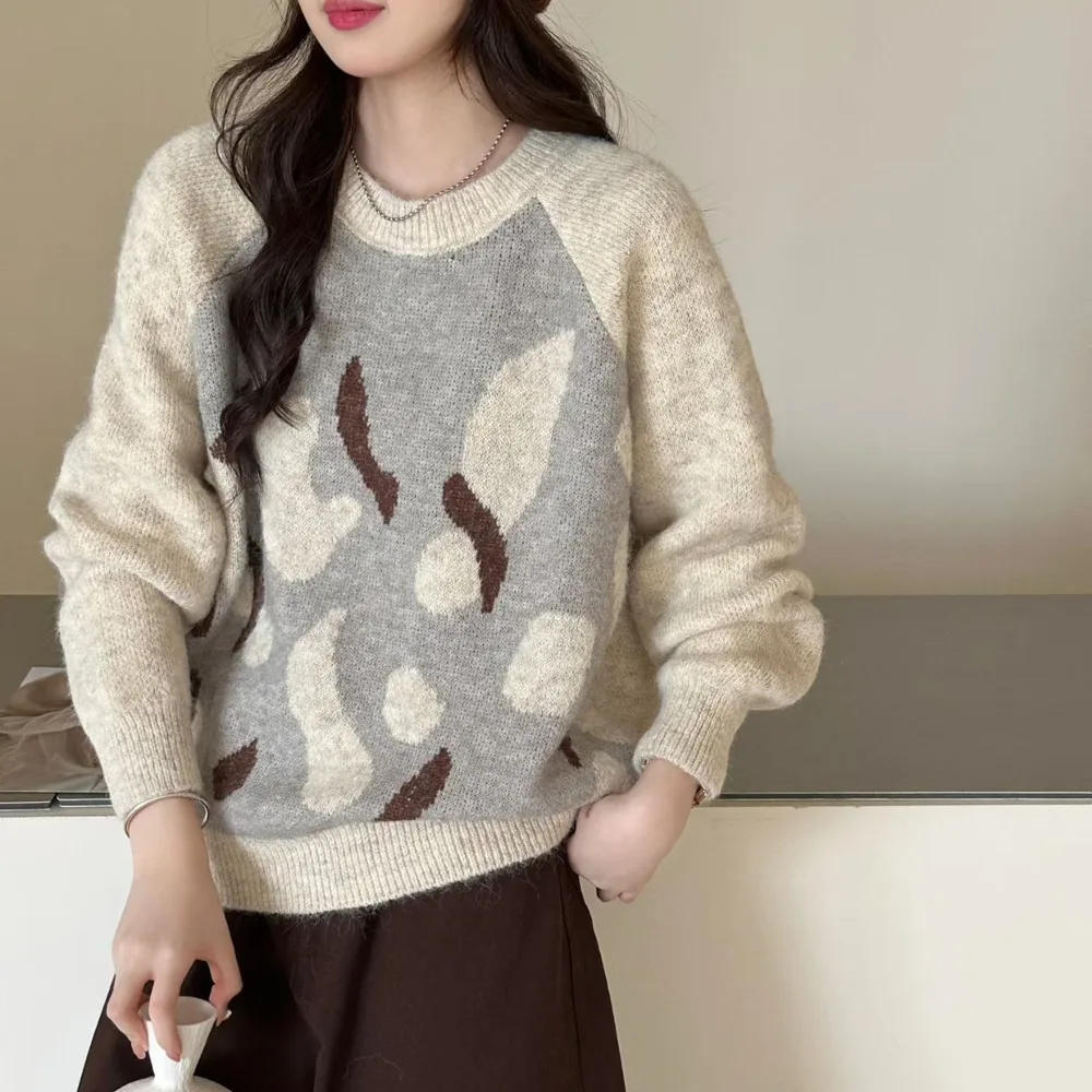 Koreaanse stijl met raglanmouwen, eenvoudige ronde hals, verdikte trui, losse, casual, veelzijdige top voor dames