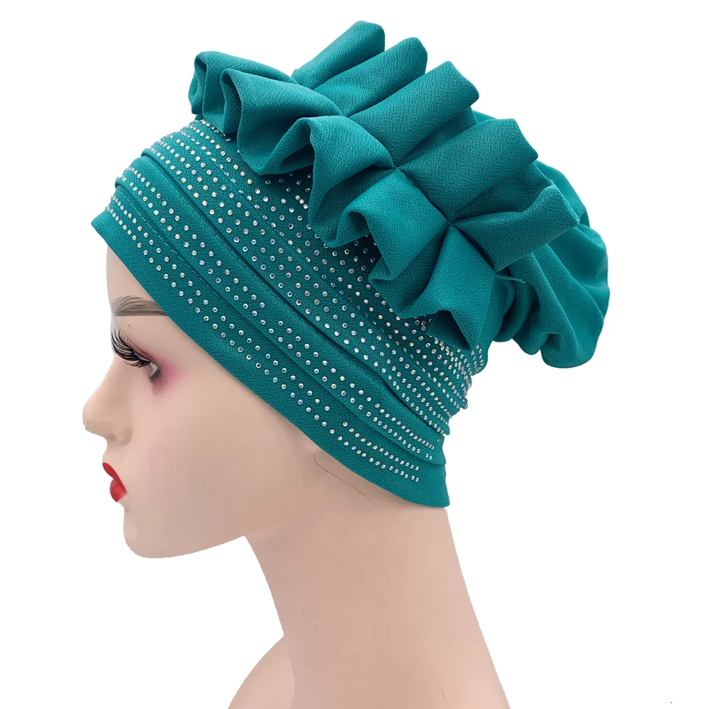 Shining Diamonds Women\'s Turban Cap Ruffle Flower Pleated Head Wraps Muslim Headscarf Bonnet Femme Musulman Turbante Hat