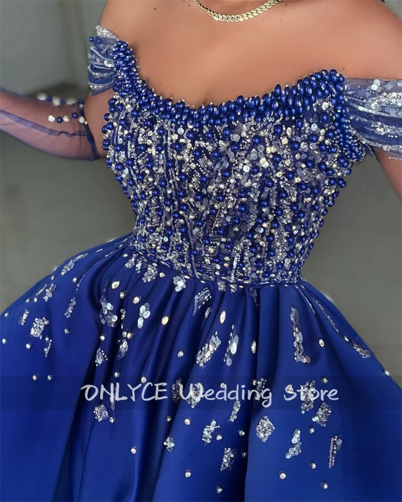 Luxury Royal Blue Evening Dresses With Two Gloves Pearls Beading Crystals Pleats فساتين طويلة Formal Prom Party Gowns Customized