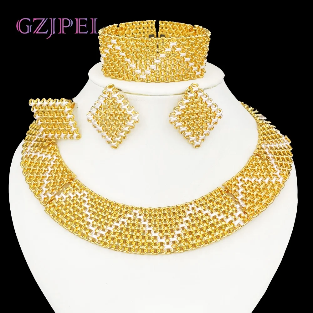 GZJPEI Africal Gold Color Big Jewelry Gifts Two Tone Choker Necklace Wide Bracelet Square Earring Rings For Women Wedding Gifts