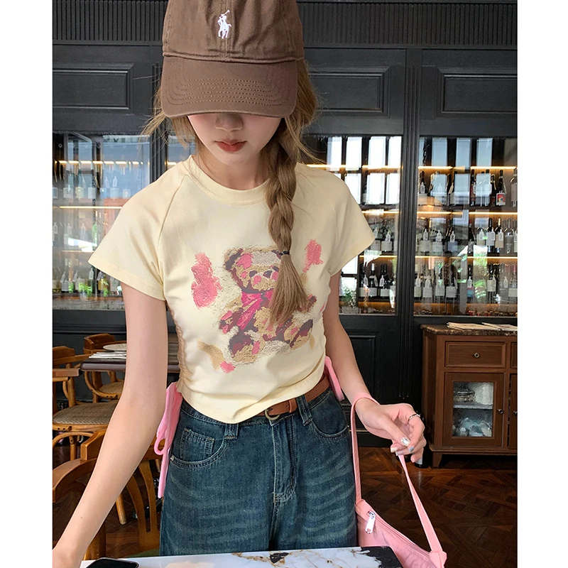 Women T Shirt Korean New Summer Bear Short-sleeved Drawstring Y2k Tops Sweet Cute Casual Versatile Short Tees Female