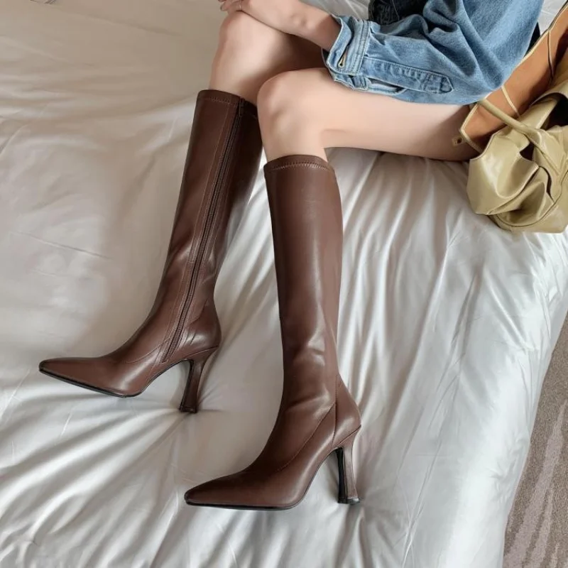 2023 New Winter Women\'s Long Boots Pointed Fashion Thin High Heel Knee Long Boots Women\'s Black Brown Sexy Knight Long Boots