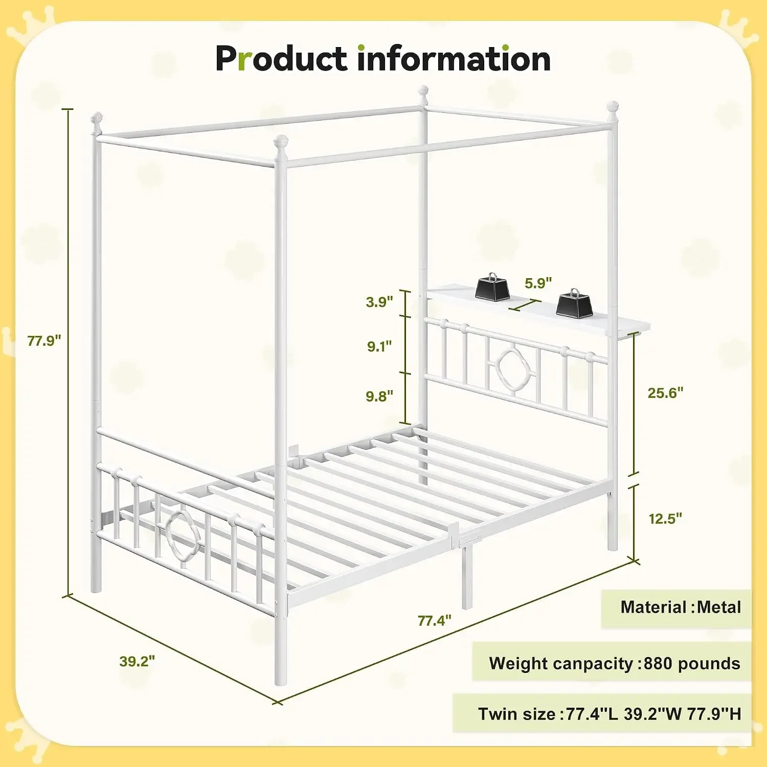 USA Stock Twin Canopy Bed Frame With Storage Headboard, Noise-Free, White | 4 Removable Posts, Sturdy Metal Supports 880lbs, Und