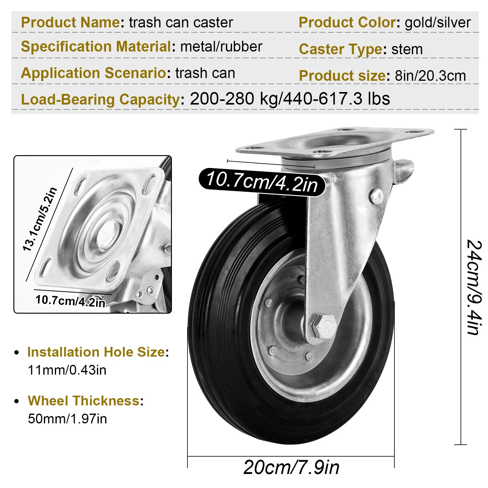 Heavy Duty Caster Wheels 8 Inch Industrial Casters 4 Pieces Castor Wheels, 360 Degrees Rotation,Castors for Cart Workbench