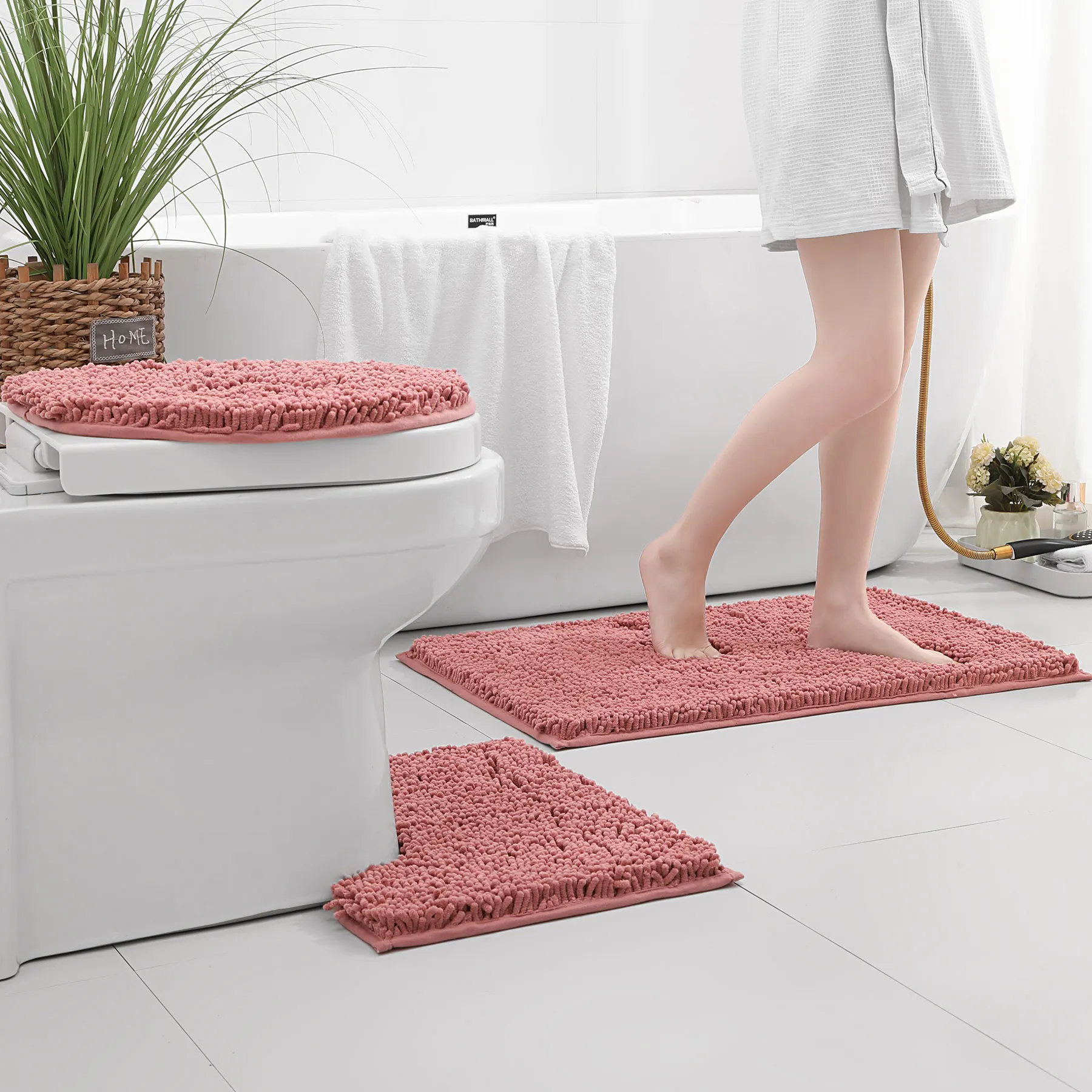 3-piece bathroom chenille floor mat, absorbent anti slip bathroom carpet, bathroom U-shaped foot mat, toilet lid, TPR anti slip