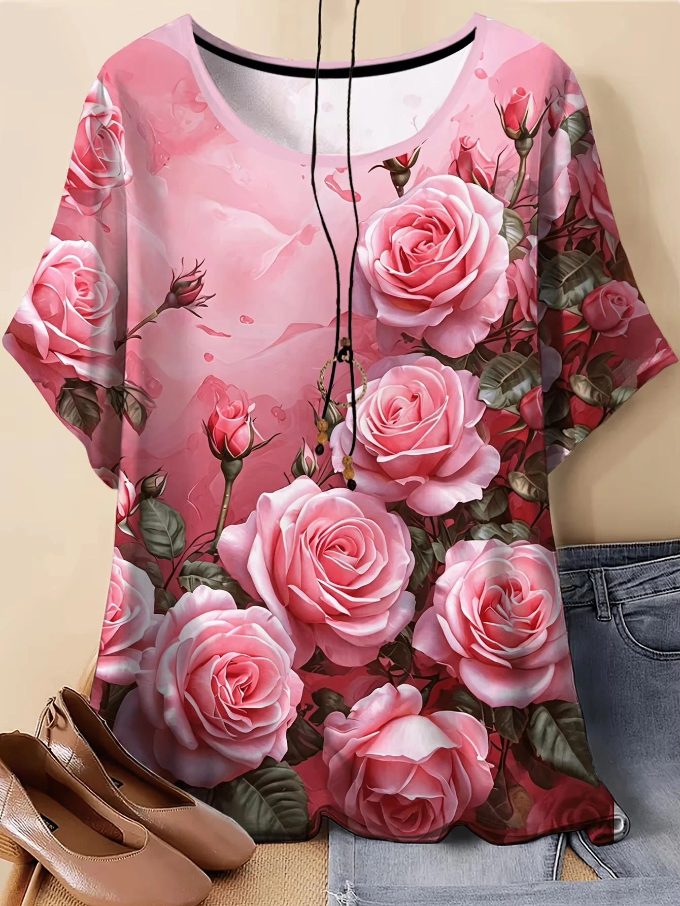 Fashion Woman O-Neck T-Shirt 3D Floral Print Elegant Graphic Tee Short Sleeves Clothing Oversized Summer Tops Women' S Clothes