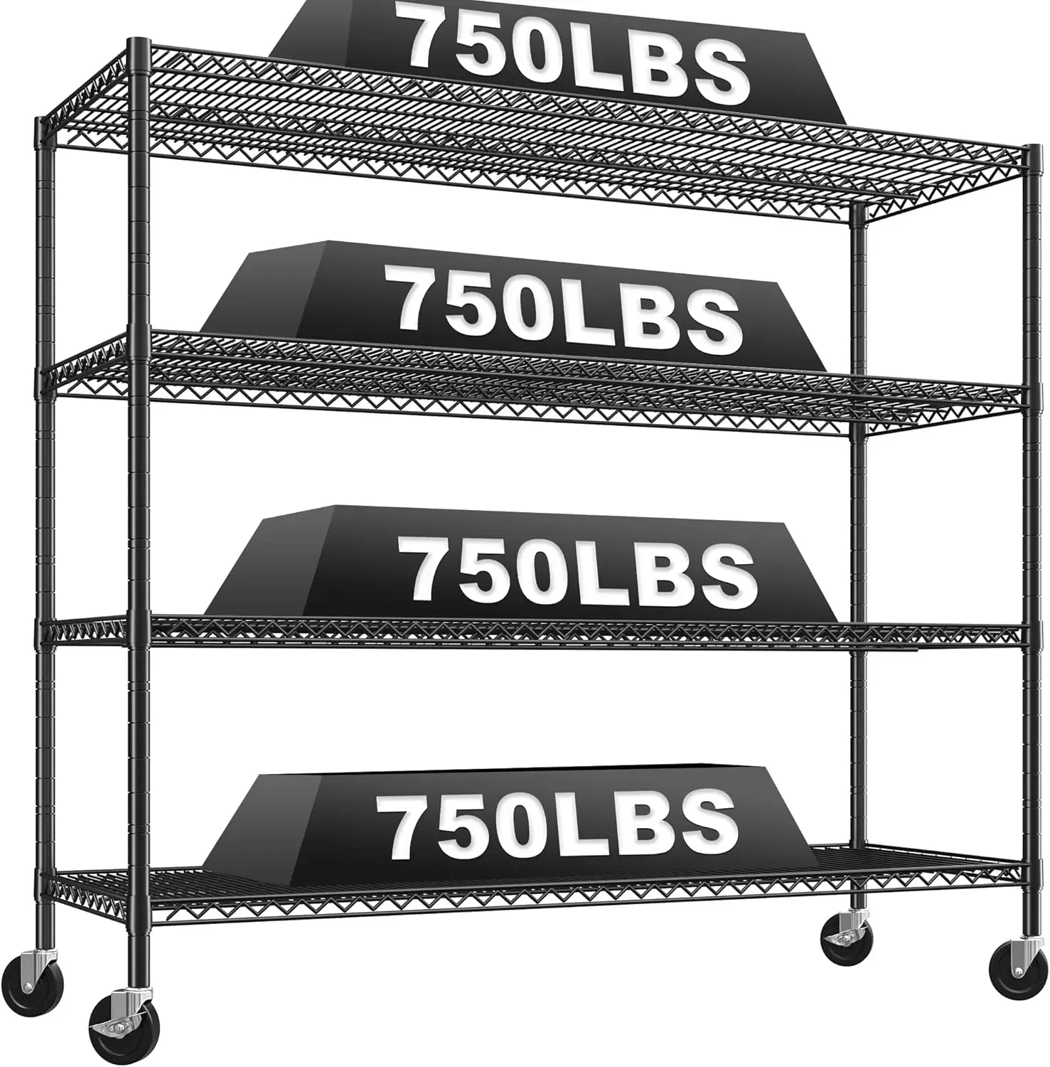 

60" W Storage Shelves 4 Tier Wire Shelving Unit with Wheels 3000 LBS Heavy Duty Steel Commercial Shelving for Garage,Pant