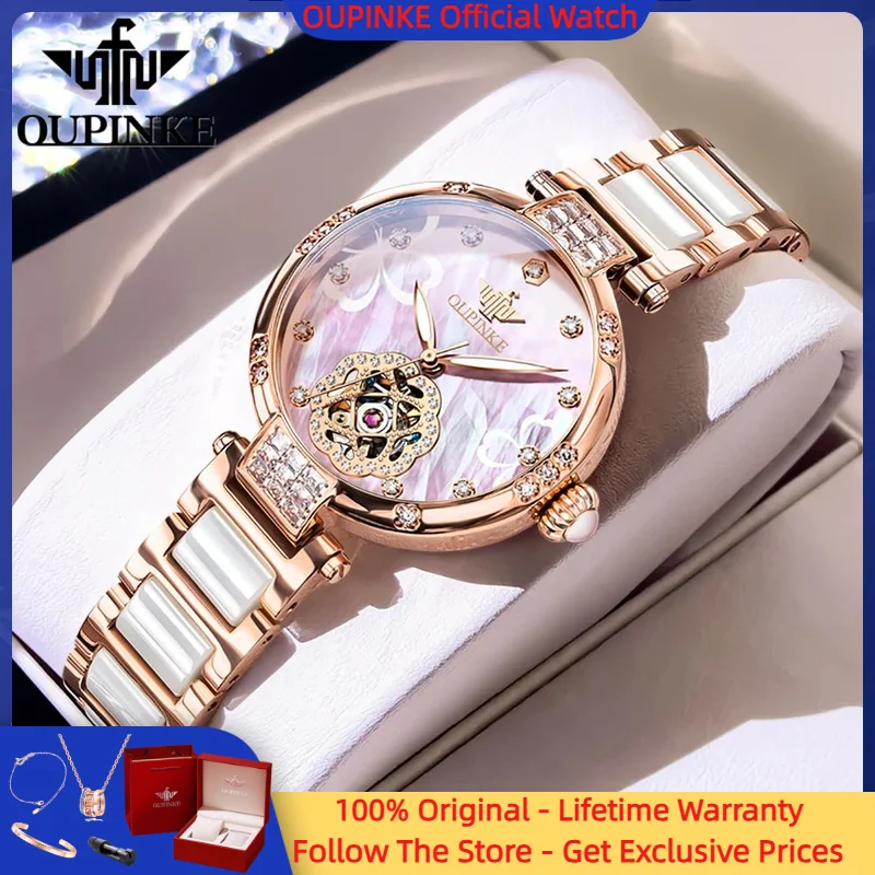 OUPINKE 3183 Elegant Women's Watch Luxury Original Inlaid Flower Diamond Hollow Ceramic Watch Waterproof Brand Gift Women Watch
