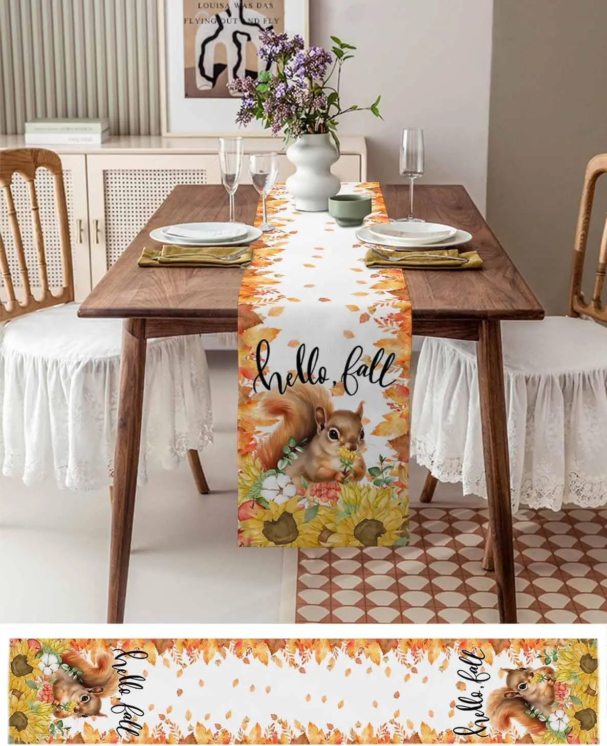 Thanksgiving Squirrel Sunflower Linen Table Runner Autumn Dresser Scarf kitchen party dining table decor Thanksgiving decoration