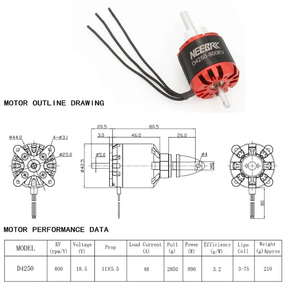 D4250 800KV Brushless Motor 8mm Dual Shaft 3-7S Lipo for 11x5.5 Propeller Long-life NMB ball bearings Aircraft Drone Accessories