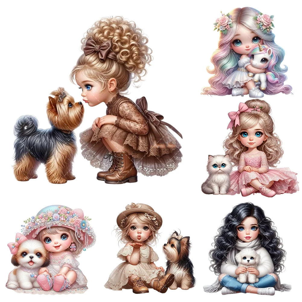 

Cute Little Girl Series Pets Girl Heat Transfer Stickers Iron On Clothes Bags DTF Vinyl Thermal Appliques Washable DIY Patches