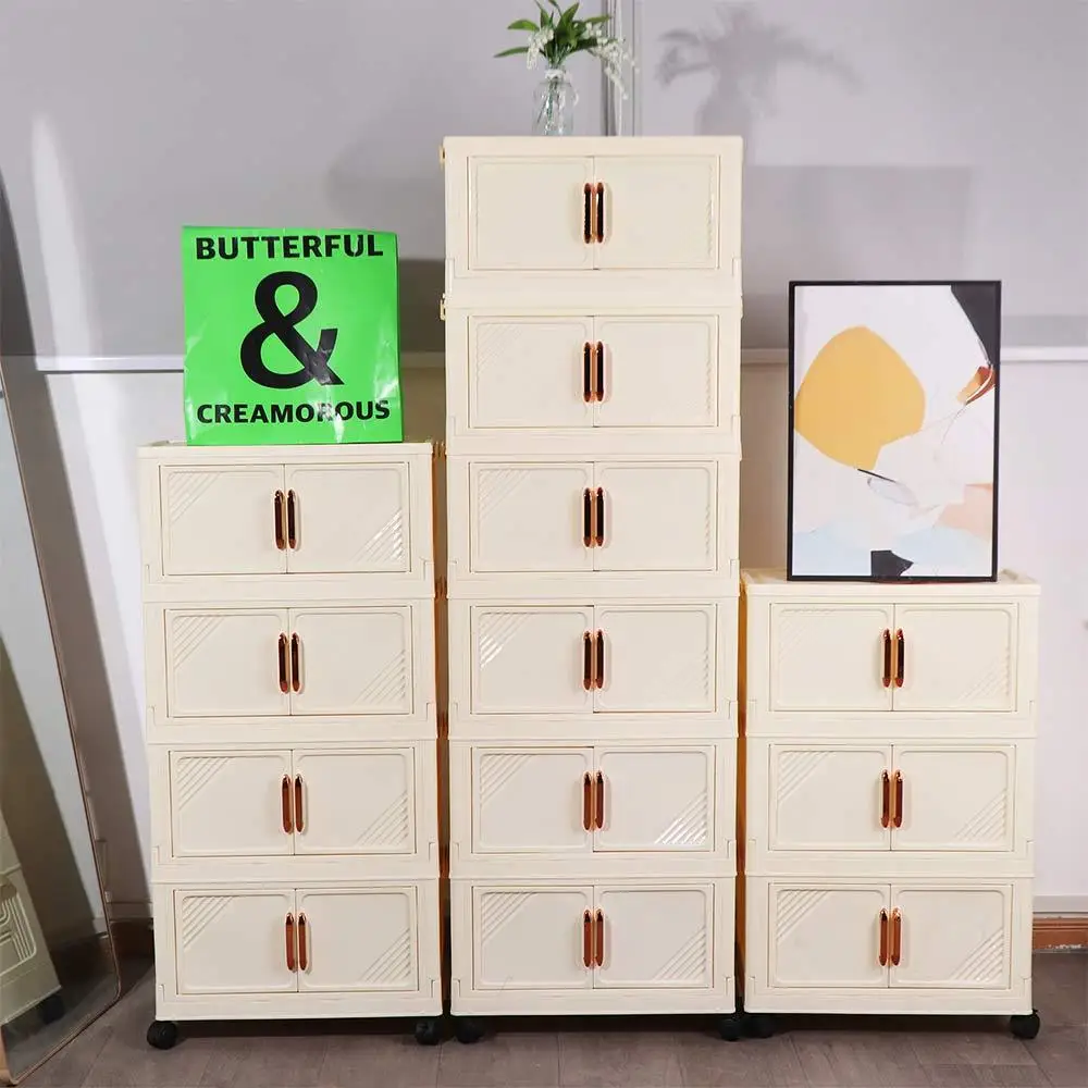 

Plastic Foldable Storage Cabinet Installation-Free Dustproof Wardrobe Storage Box Large Capacity with Wheels and Lid