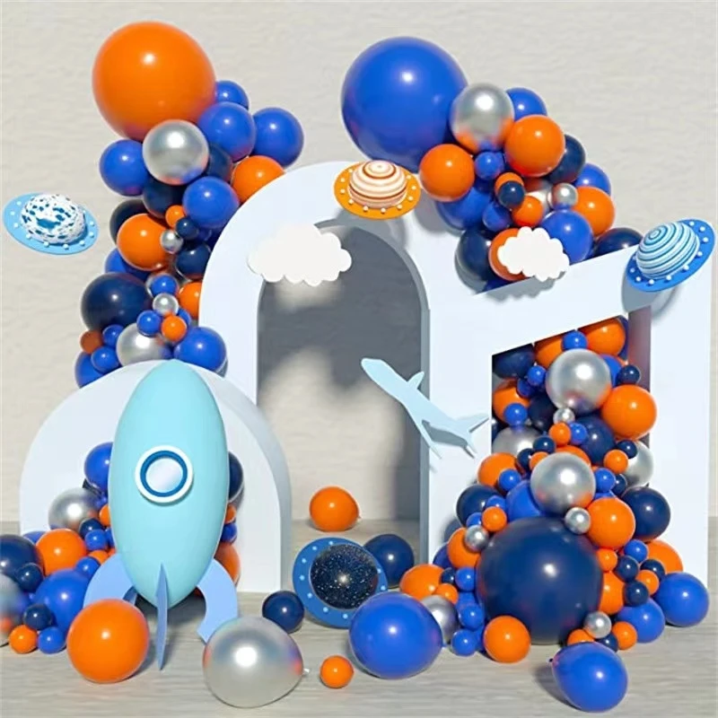 97Pcs A set of Navy Blue Orange Metal Silver Blue Balloon Arched Set Space Theme Birthday Party Decoration