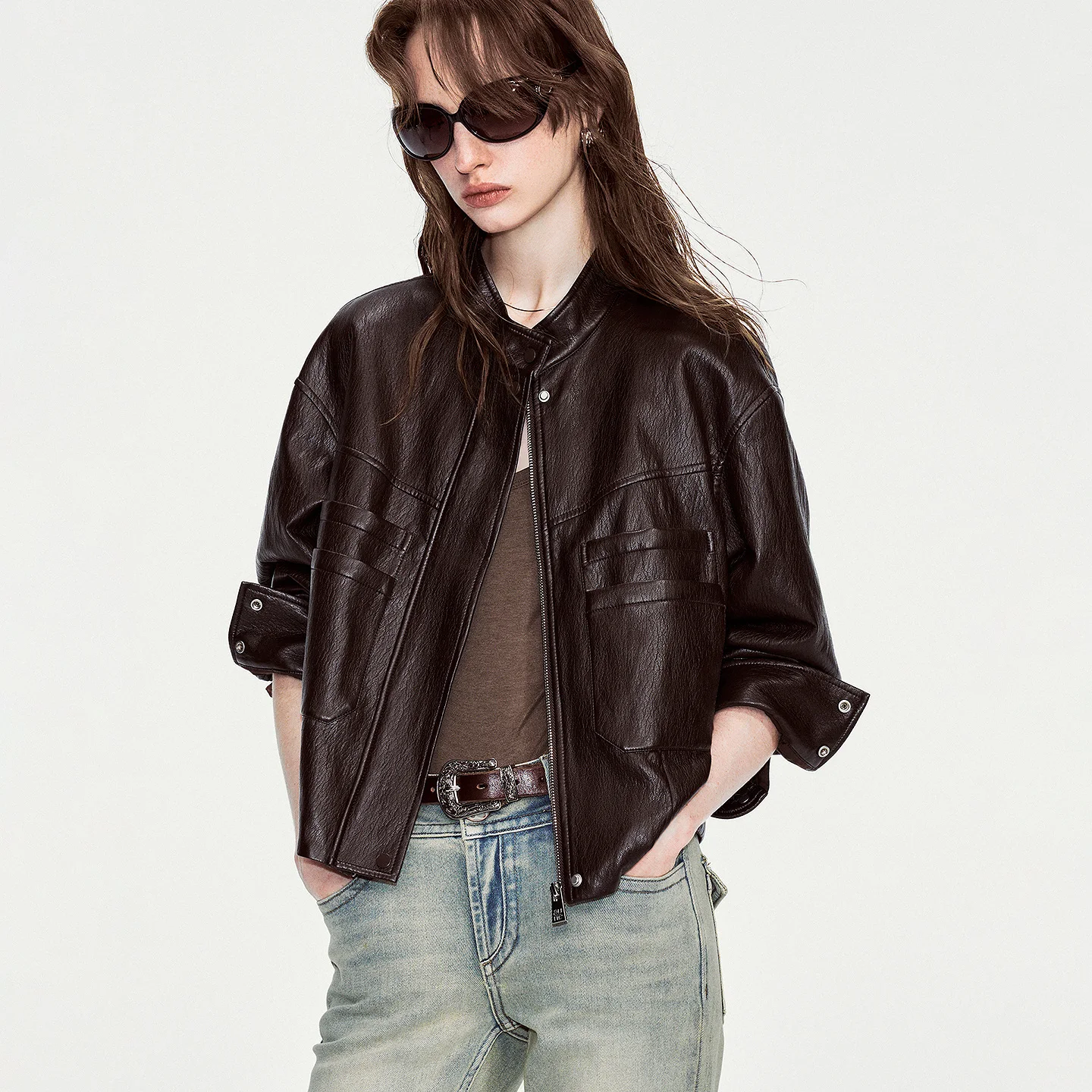 TOYOUTH Women Stand Collar Moto Leather Jacket 2026 Winter New Designer Multi Pocket Vintage PU Jacket Coat