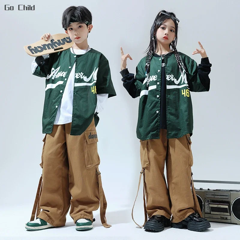 

Hip Hop Boys Fashion Baseball Jacket Caro Pants Girls Cool Streetwear Children Jazz Clothes Sets Kids Teens Street Dance Costume