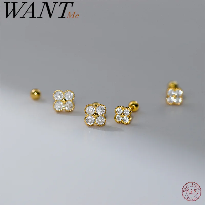

WANTME 925 Sterling Silver Fashion Sweet Clover Screw Bead Piercing Studs Earrings for Women Korean Girl Romantic Party Jewelry